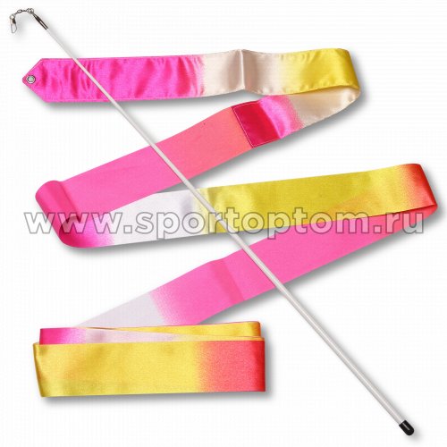 Лента гимнастическая с палочкой INDIGO 56см АВ236-16 6,0 м Бело-желто-розовый