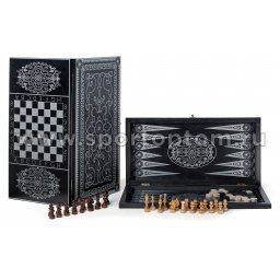 Игра 3 в 1 деревянная Орнамент (шахматы,нарды,шашки) 256-18 60*60 см Черный